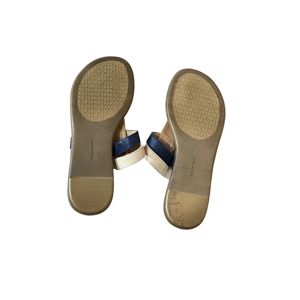 Rockport Walkability Leather Thong Sandals Navy Brown Cream Flat Slides Size 6.5